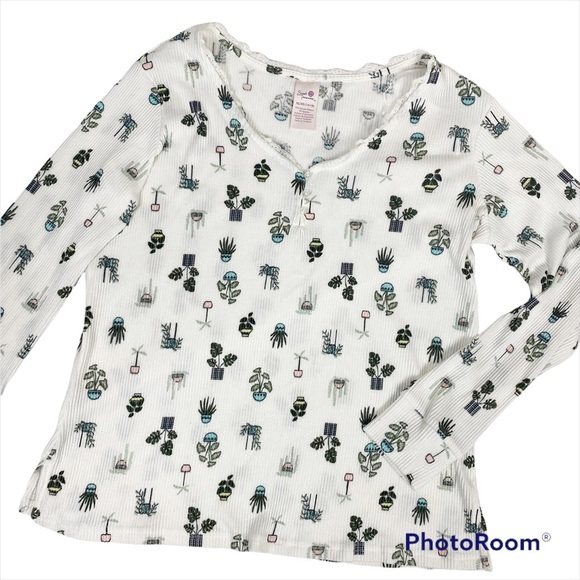 SECRET TREASURES Waffle Knit Ribbed Succulent Print Top Sleep Shirt XL - Picture 1 of 14